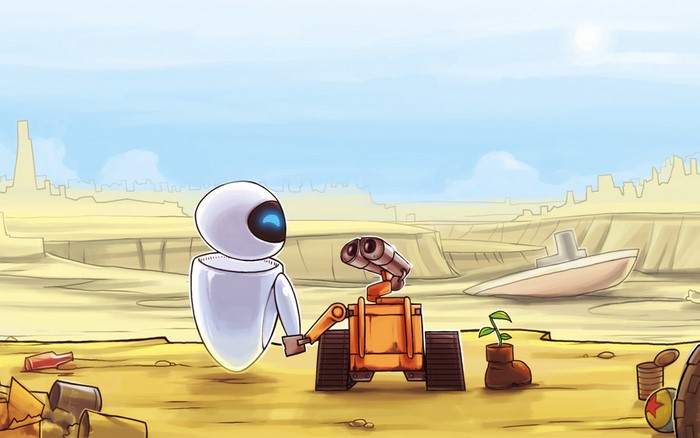 Eve and WALL-E in a desert landscape