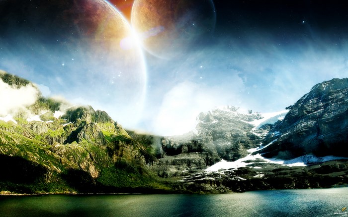 Sci Fi Landscape with Planets and Mountains