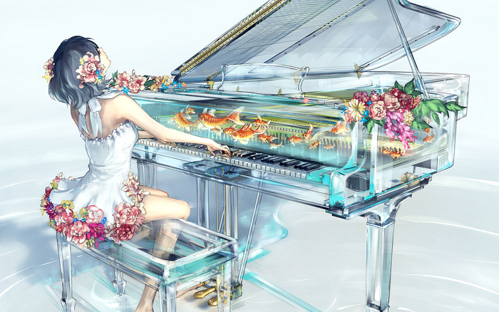Girl playing a transparent piano with fish and flowers