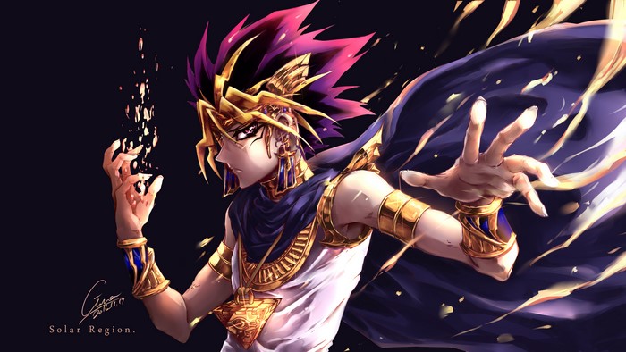 Atem from Yu-Gi-Oh! with golden armor and purple cape