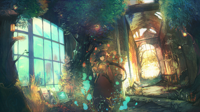Girl in a magical forest with large windows