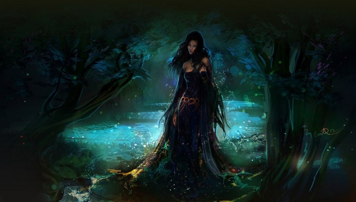Fantasy woman in a dark forest by a glowing stream