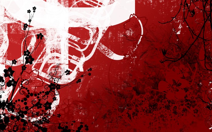 Abstract Red and White Grunge with Black Flowers