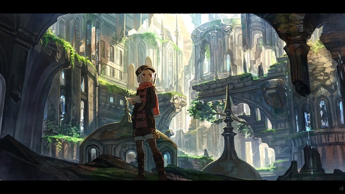 Girl in a ruined city holding a map