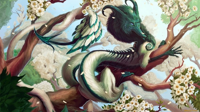 Green Dragon God on a Flowering Tree Branch