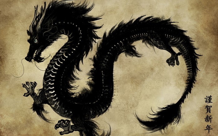 Black Dragon on Textured Background with Japanese Text