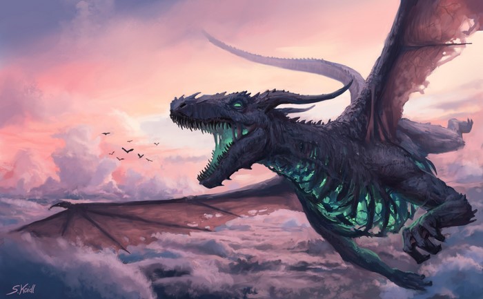 A dark dragon with glowing green insides flies through a cloudy sky at sunset.