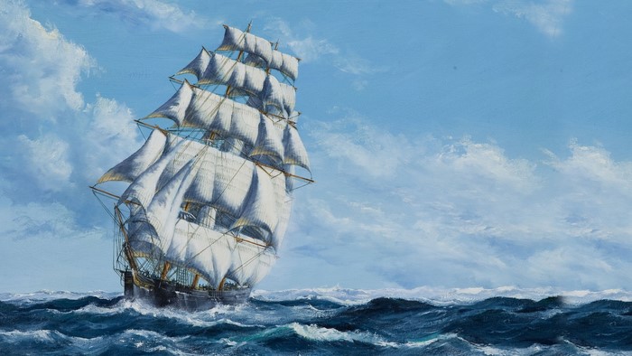 Sailing Ship on a Wavy Ocean Under a Cloudy Sky