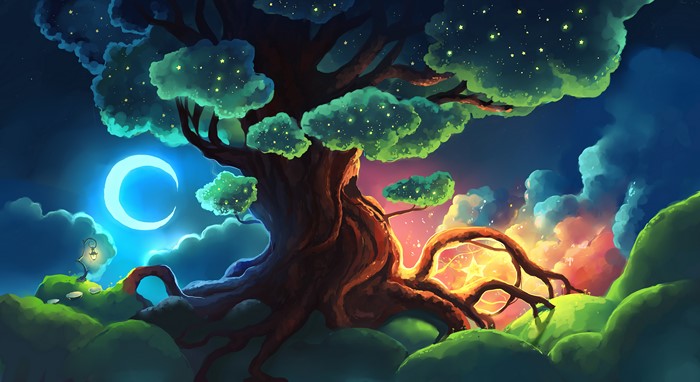 Fantasy tree with moon and stars