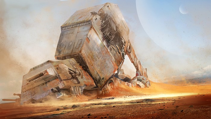 Destroyed AT-AT Walker in a desert landscape