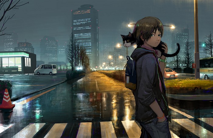 Boy with cat on shoulder in rainy city at night