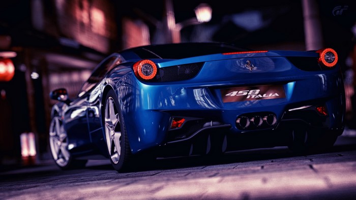Blue Ferrari 458 Italia rear view