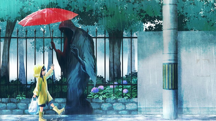 Girl in yellow raincoat with Death under red umbrella in rain