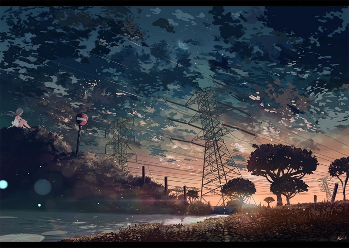 Anime girl sitting by power lines at sunset