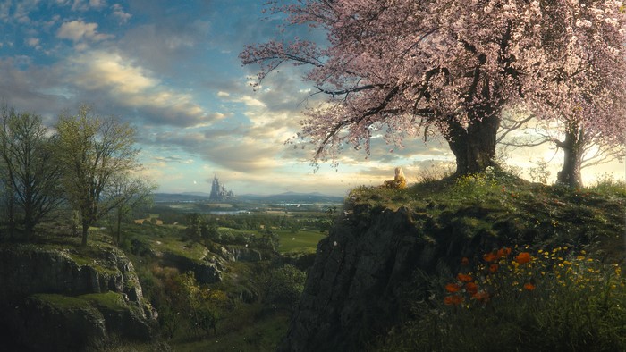 Girl sitting under a blooming tree overlooking a fantasy landscape
