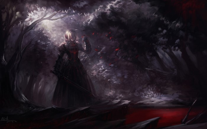 Saber Alter from Fate Series in a dark forest