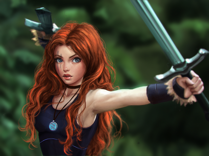 Fantasy warrior woman with red hair and swords