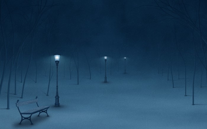 Winter park with street lamps and bench