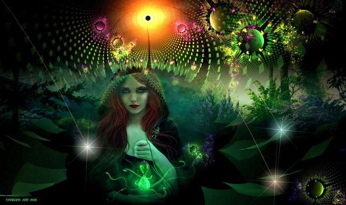 Woman with red hair in a magic forest