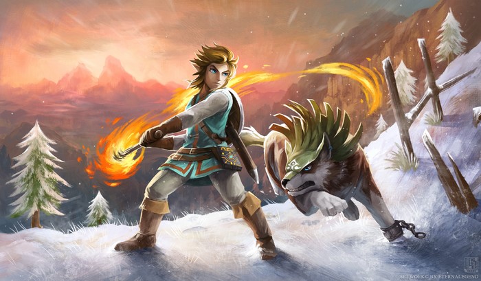 Link with Fiery Sword and Wolf Link in Snowy Mountains