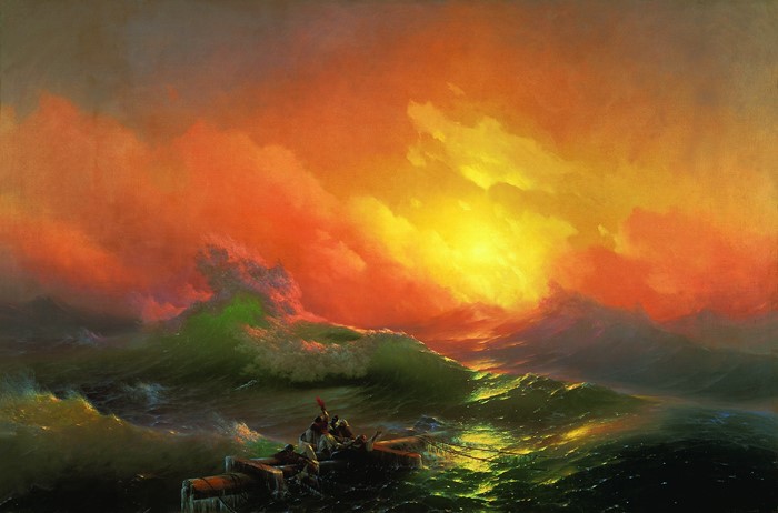 Shipwrecked in a stormy sea at sunset