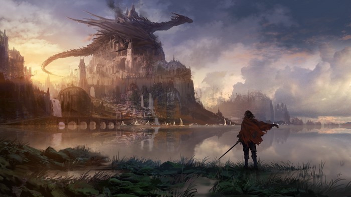 Dragon perched on a fantasy city with a knight overlooking.