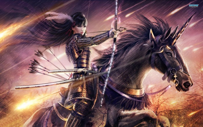 Samurai woman warrior on a unicorn with a bow