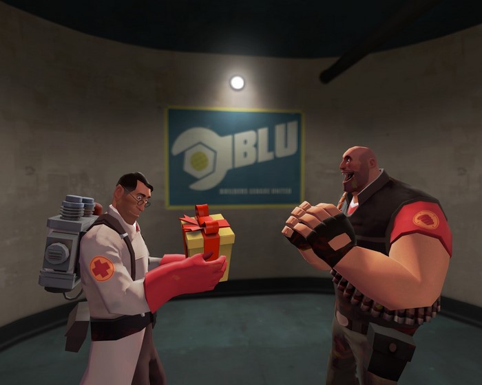 Medic and Heavy from Team Fortress 2 with a gift