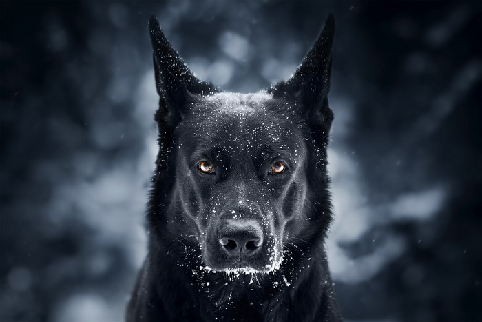 Black German Shepherd in Snowfall