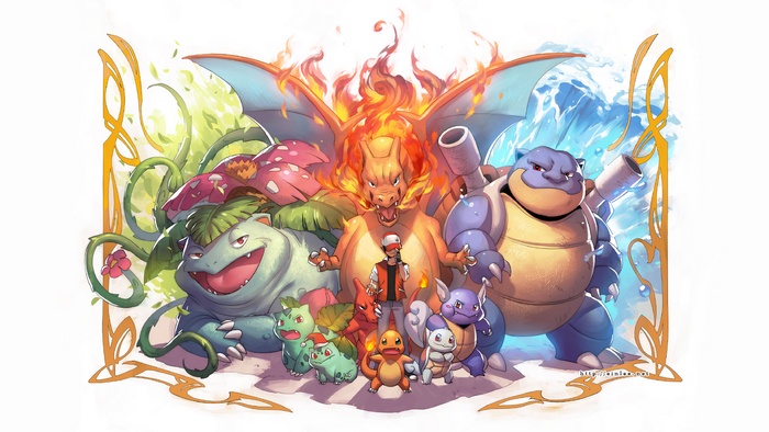 Classic Pokémon Starters with Trainer Red