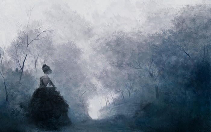 Woman in a dark dress in a misty forest