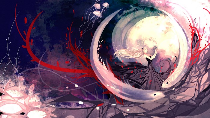 Girl in Crescent Moon with Jellyfish and Serpents
