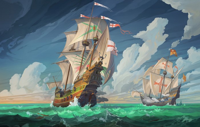 Two sailing ships in the ocean under a cloudy sky