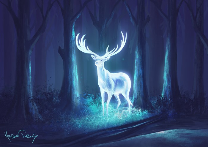 Glowing Deer in Enchanted Night Forest