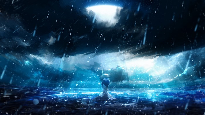 Girl in the rain on the water