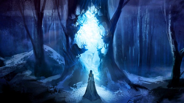 Woman and deer at a glowing portal in a forest