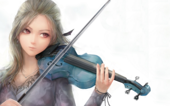 Anime girl with red eyes playing a blue violin