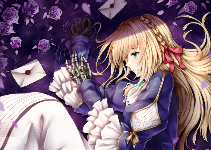 Violet Evergarden with mechanical arm and roses