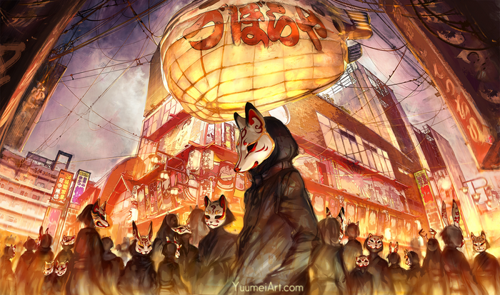 People wearing Kitsune masks in a futuristic city