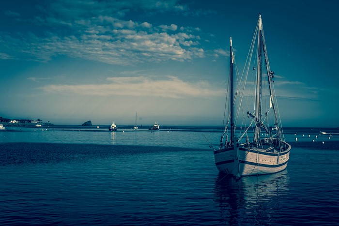 Sailboat on the water with other boats in the distance