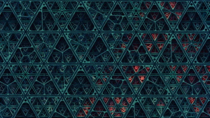 Abstract fractal pattern with red and teal geometric shapes