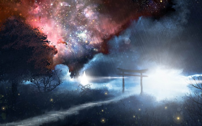 Cosmic Galaxy and Torii Gate in Rain