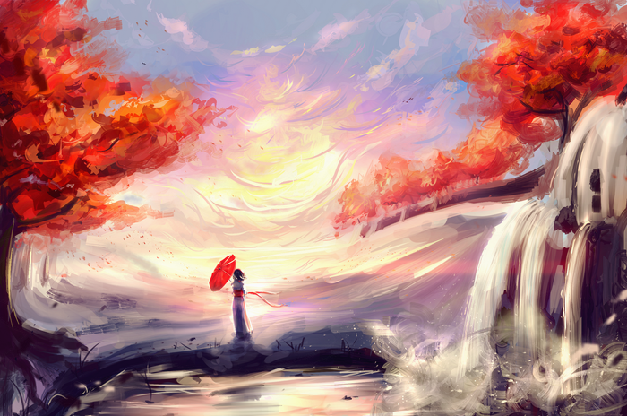 Anime girl with red umbrella by waterfall in fall