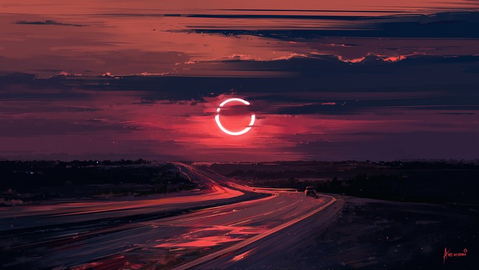 Road at sunset with a ringed eclipse