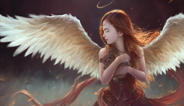 Angel girl with wings holding a teddy bear
