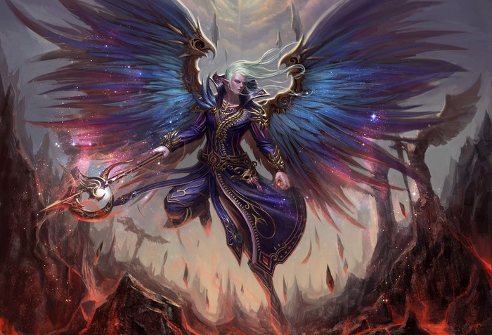 Winged Mystic with Staff in Fiery Landscape