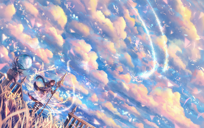 Girl with spear and orb in a fantasy sky