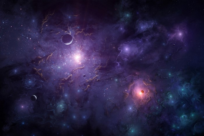 Purple and blue nebula with planets