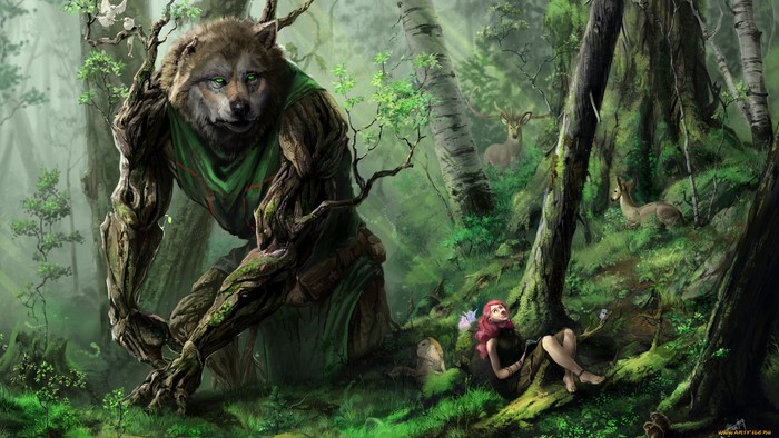 Giant wolf-like creature and girl in a forest
