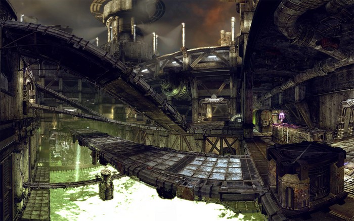 Unreal Tournament industrial complex with green liquid